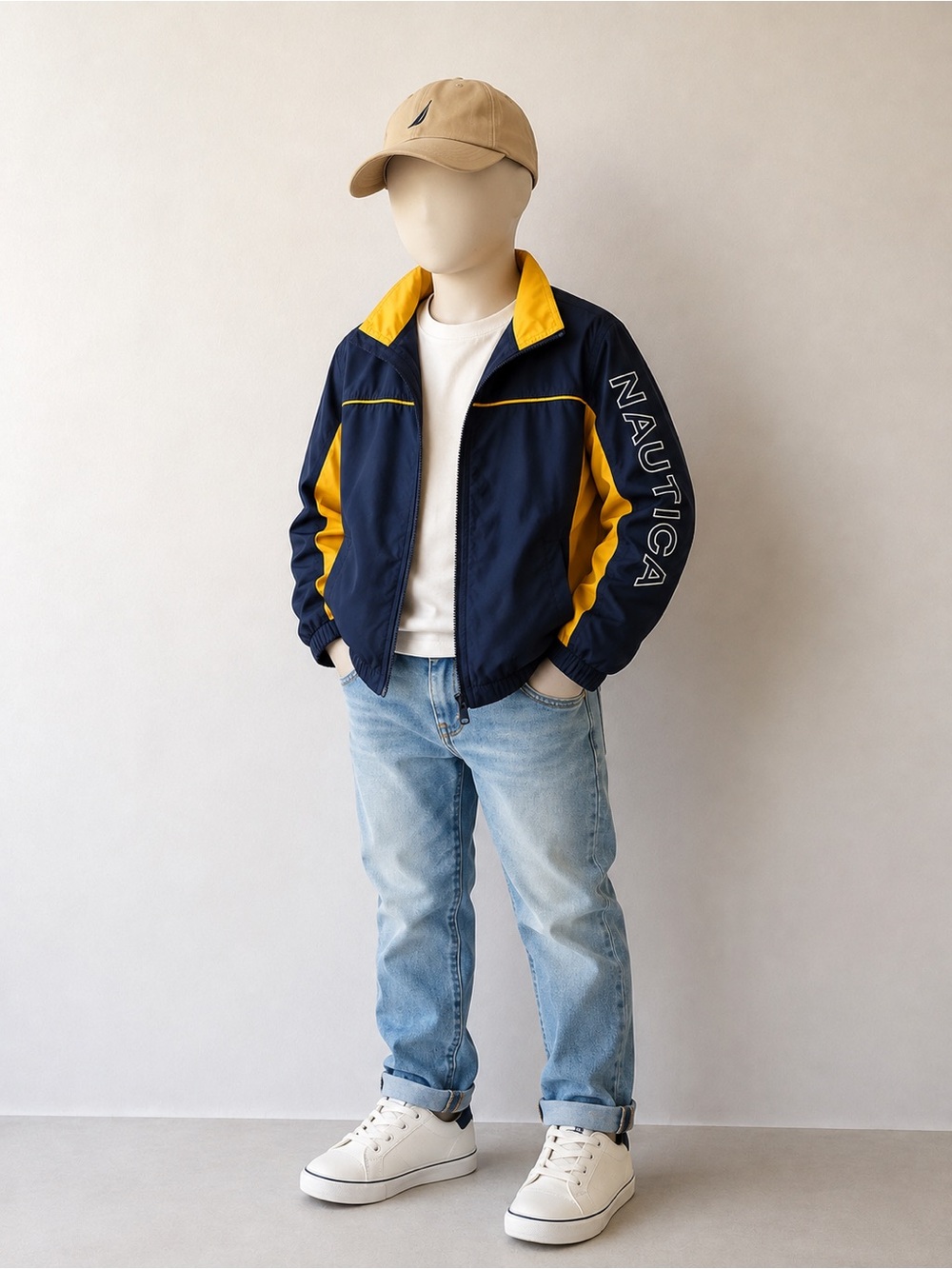 Nautica Boys 14/16 Navy Yellow Colorblock Windbreaker Jacket Spellout